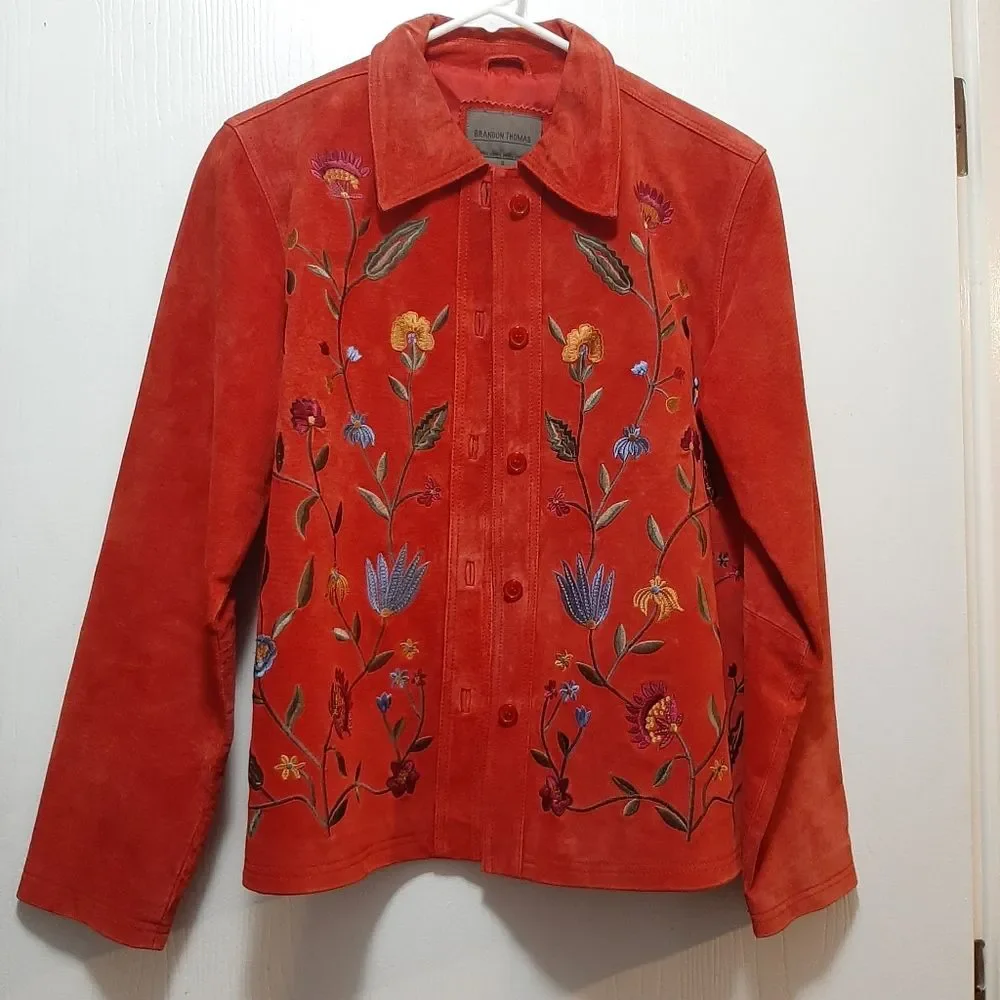 Brandon Thomas Cottagecore Red Orange Suede Novelty Floral Leather Jacket Small - Picture 1 of 13